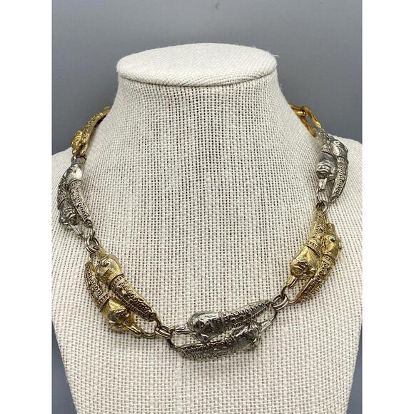 Vintage Atelier Nina Dog Wolf Snake Gold & Silver Tone Collar Unusual Necklace